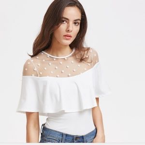 Keyhole Back Polka Dot Mesh Neck Ruffle Bodysuit